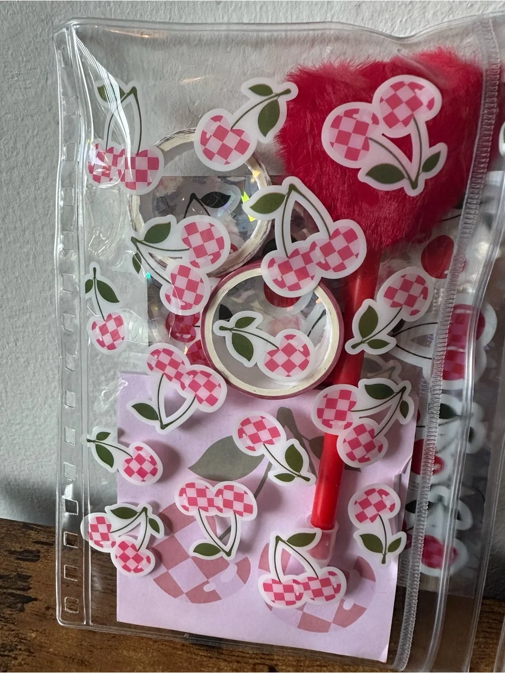 Two Zipper Pencil Pouches One Cherry & One Smiley Themed Pens Notepads Stickers